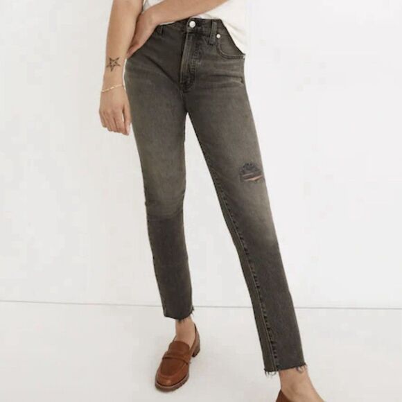 Madewell The Petite Perfect Vintage Jean Cosner Black Knee-Rip Edition Size 27P - Picture 1 of 9